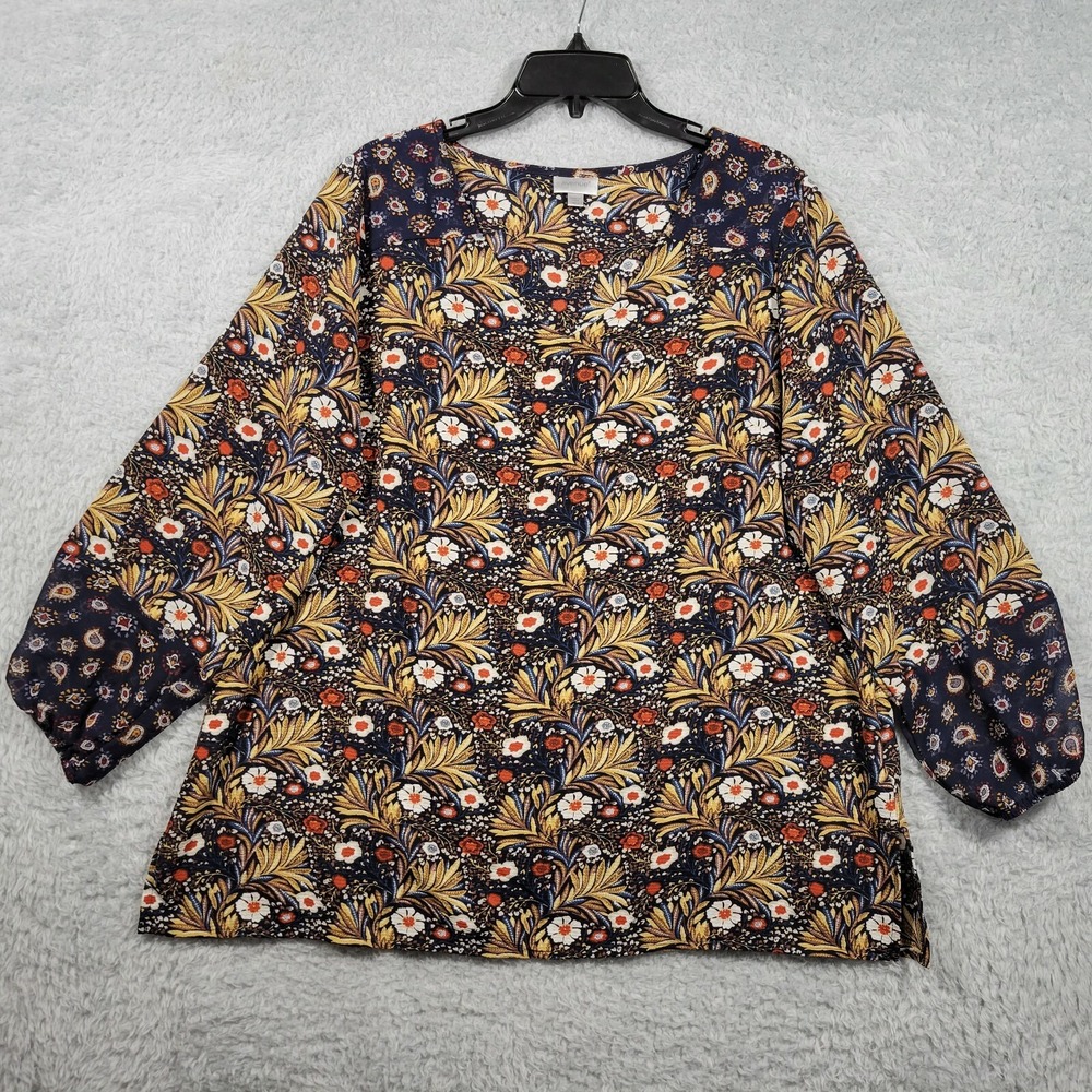 Avenue Floral Blouse Women 14/16 Navy Blue Orange Yellow Long Sleeve Top